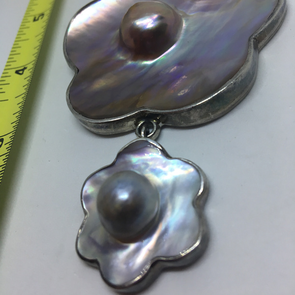 Rare Signed Barry Brinker Sterling Silver Mother of Pearl Flower Necklace - Picture 4 of 7